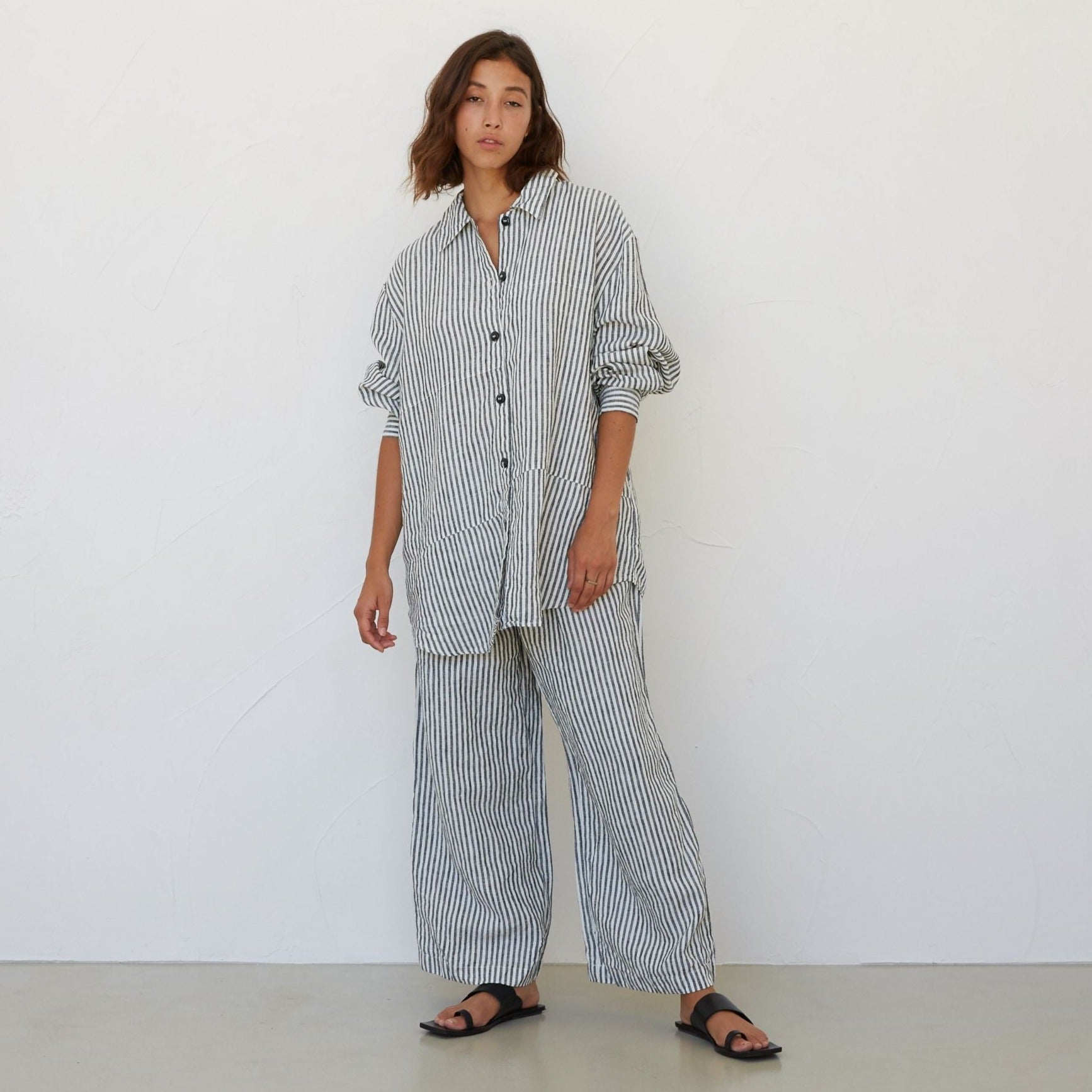 Wide Leg Linen Pant - Charcoal Stripe
