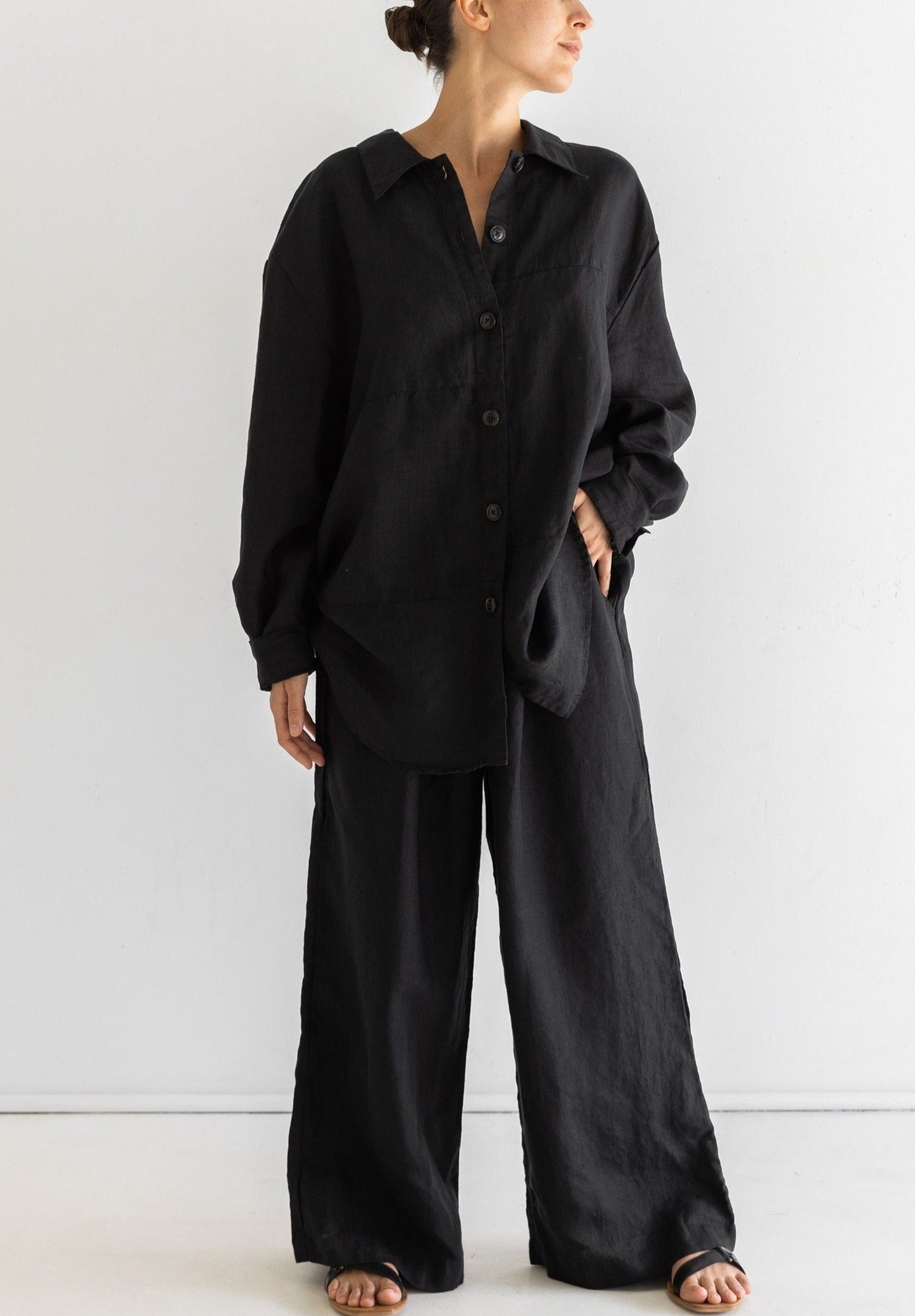 Wide Leg Linen Pant - Noir