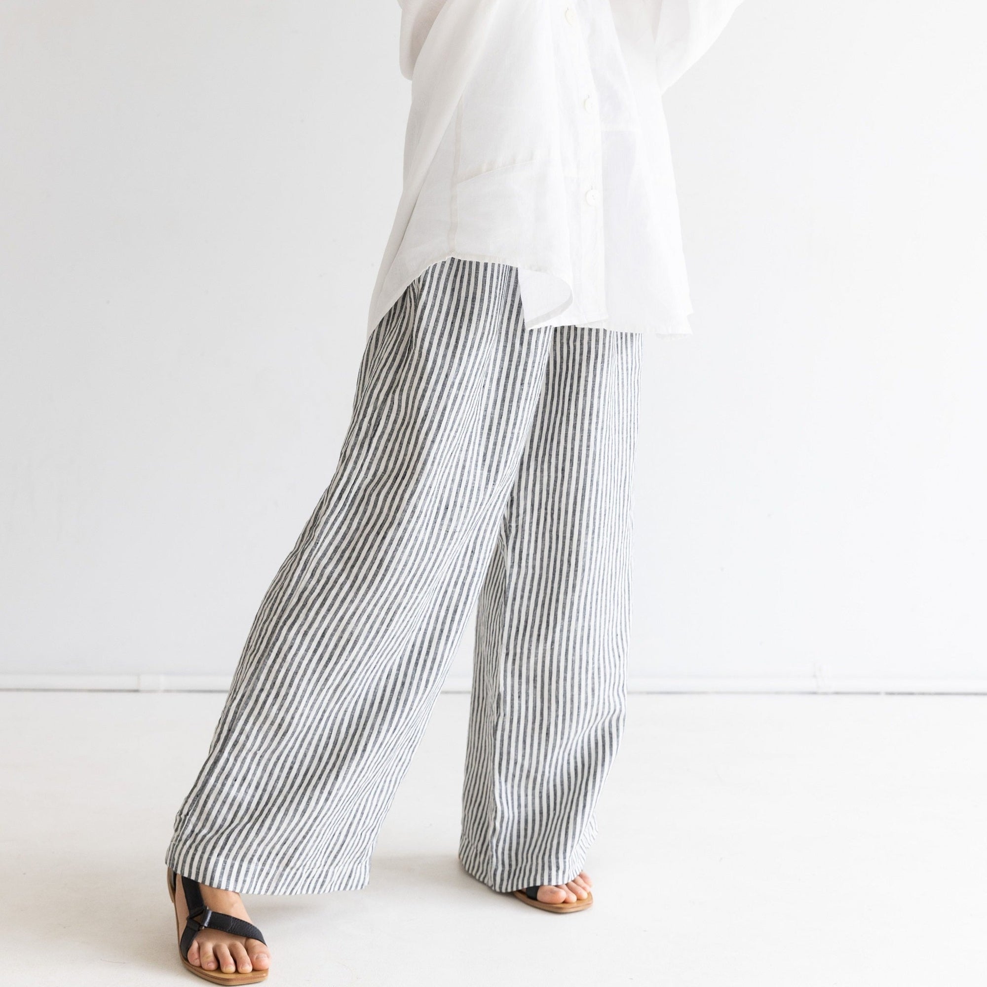 Wide Leg Linen Pant - Charcoal Stripe