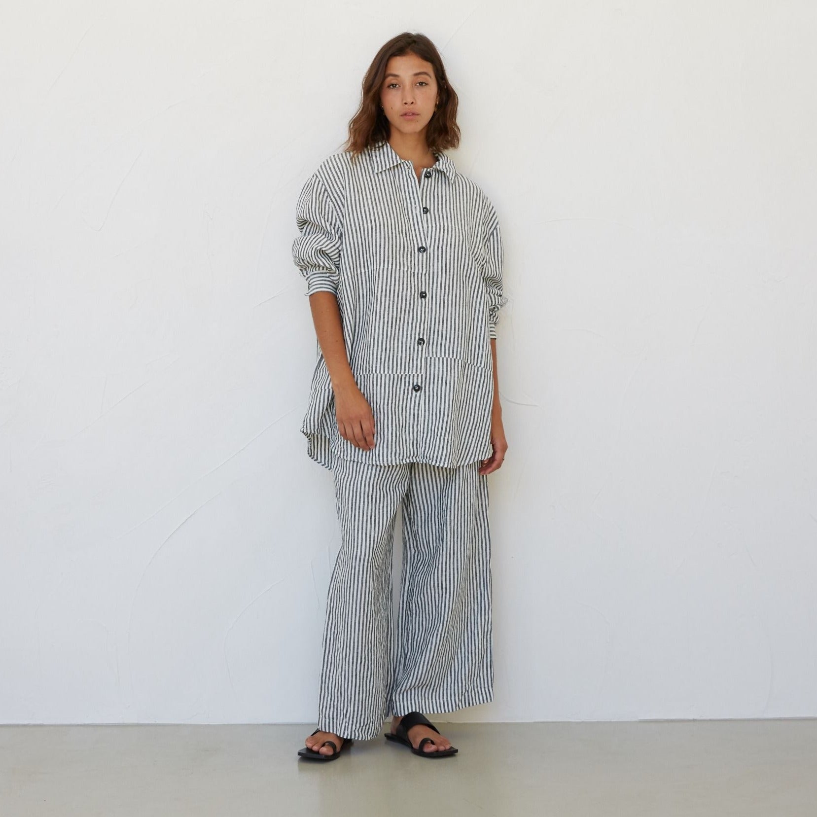 Wide Leg Linen Pant - Charcoal Stripe