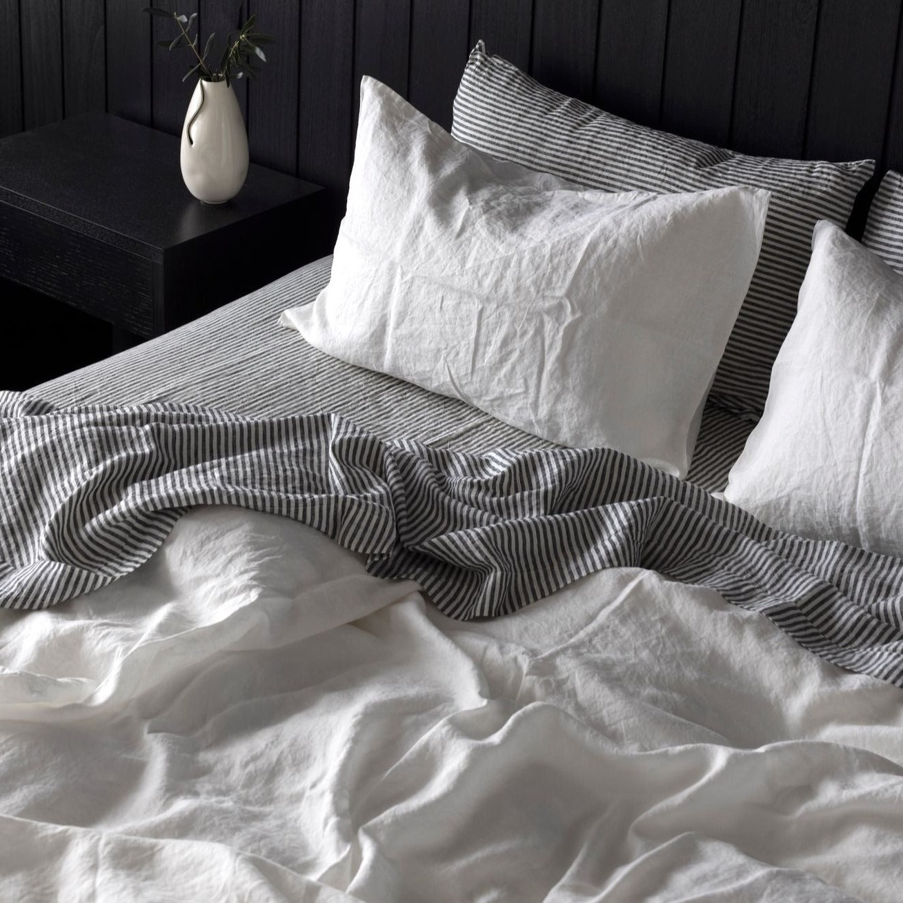 100% French Linen Pillowcase Pair- Wide Natural Stripe