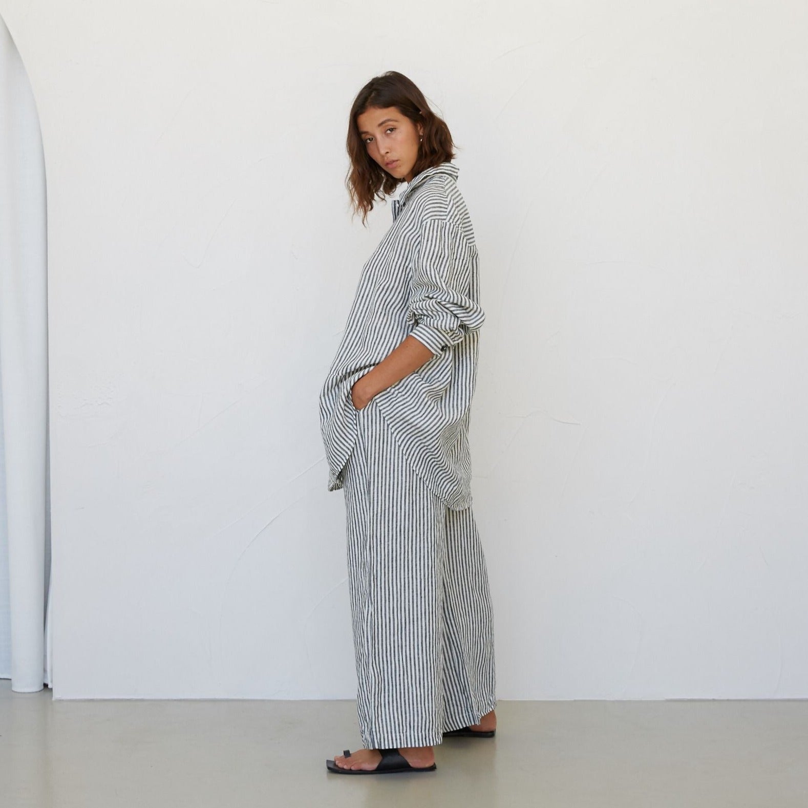 Wide Leg Linen Pant - Charcoal Stripe