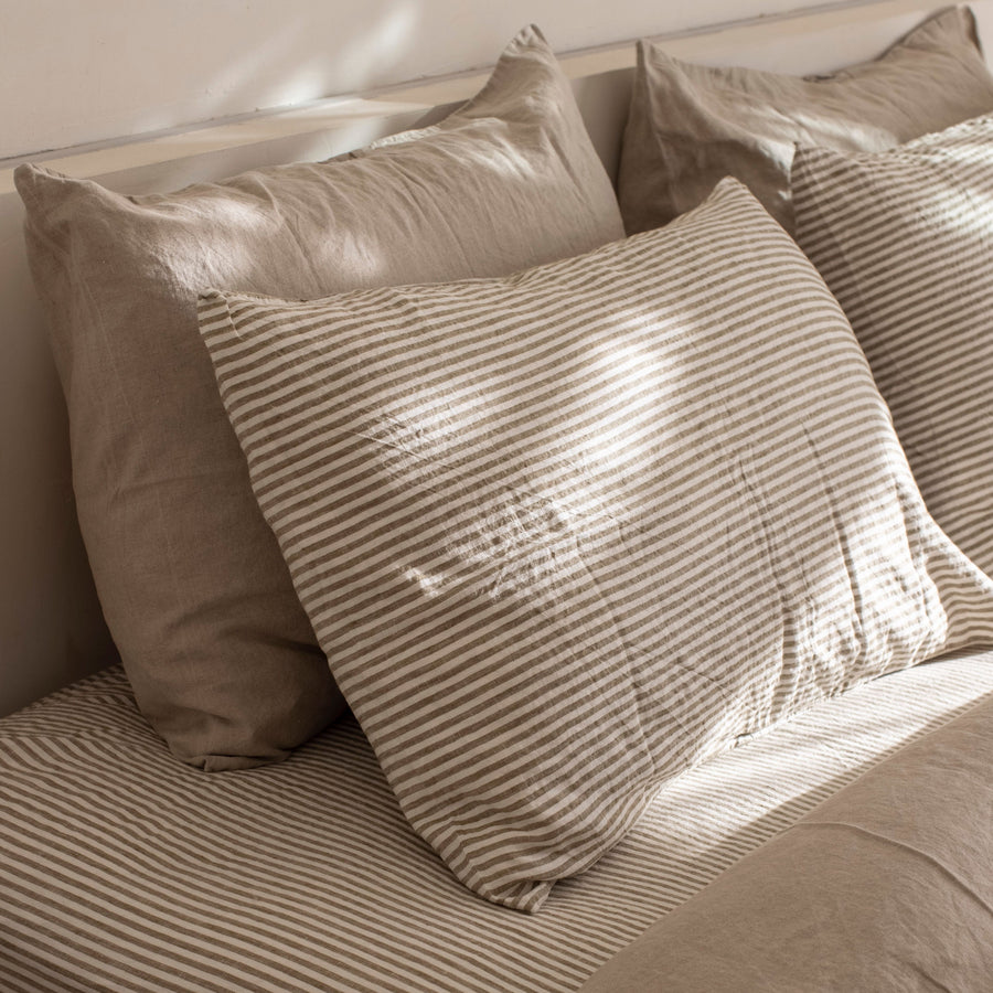 Olive Stripe Linen Pillowcase Set