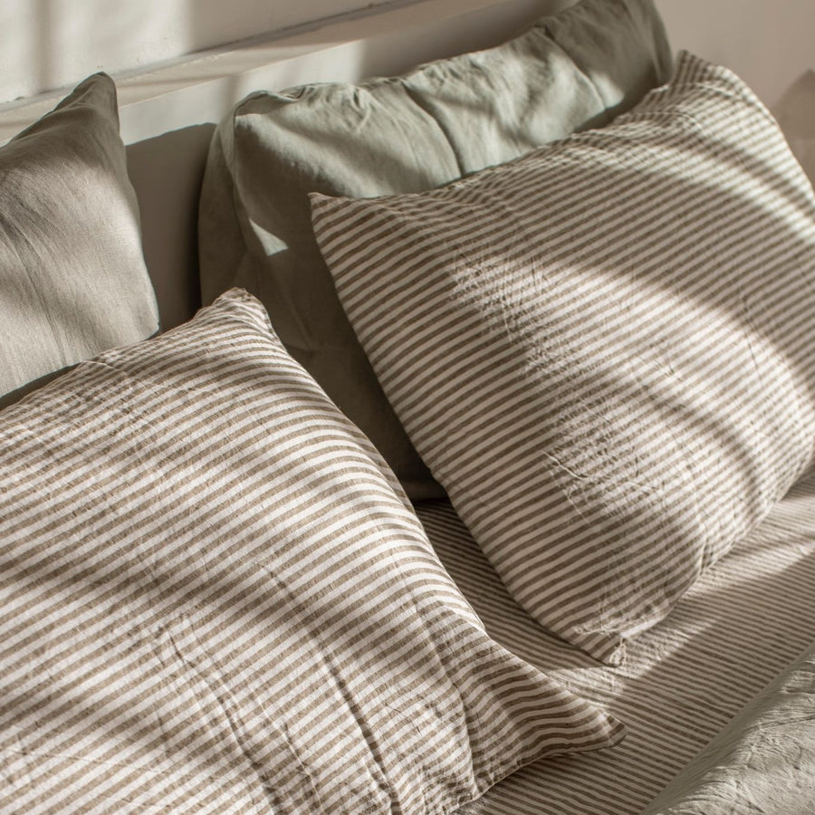 Olive Stripe Linen Pillowcase Set