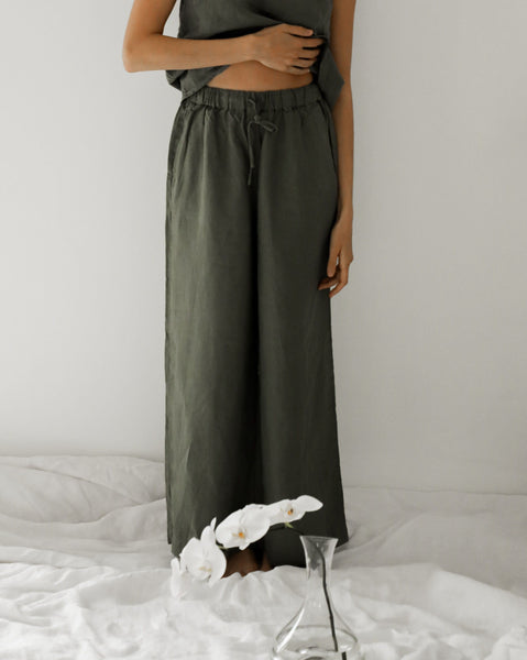 Wide Leg Linen Pants ALCUDIA in Dried Moss Linen Palazzo Pants